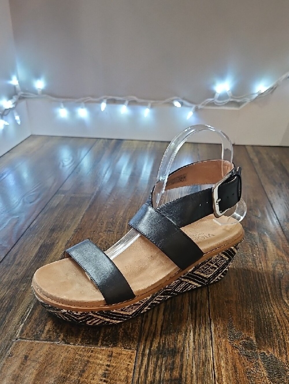 Vionic Black Strappy Wedge Sandals with Patterned Espadrille Heel - Picture 2 of 13